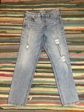 Old Navy Power Slim Straight Light Blue Distressed Button-Fly Jeans